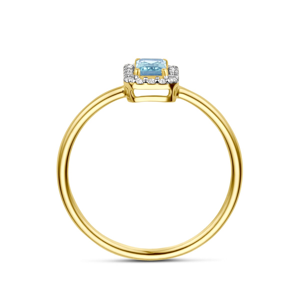 Gouden damesring met aquamarijn en diamant – 14k geelgoud