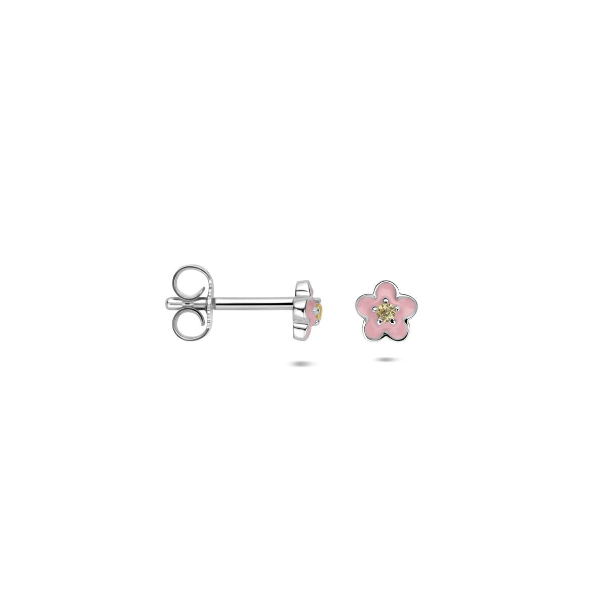 Zilveren oorknoppen met emaille bloem en gele zirkonia – 5 mm