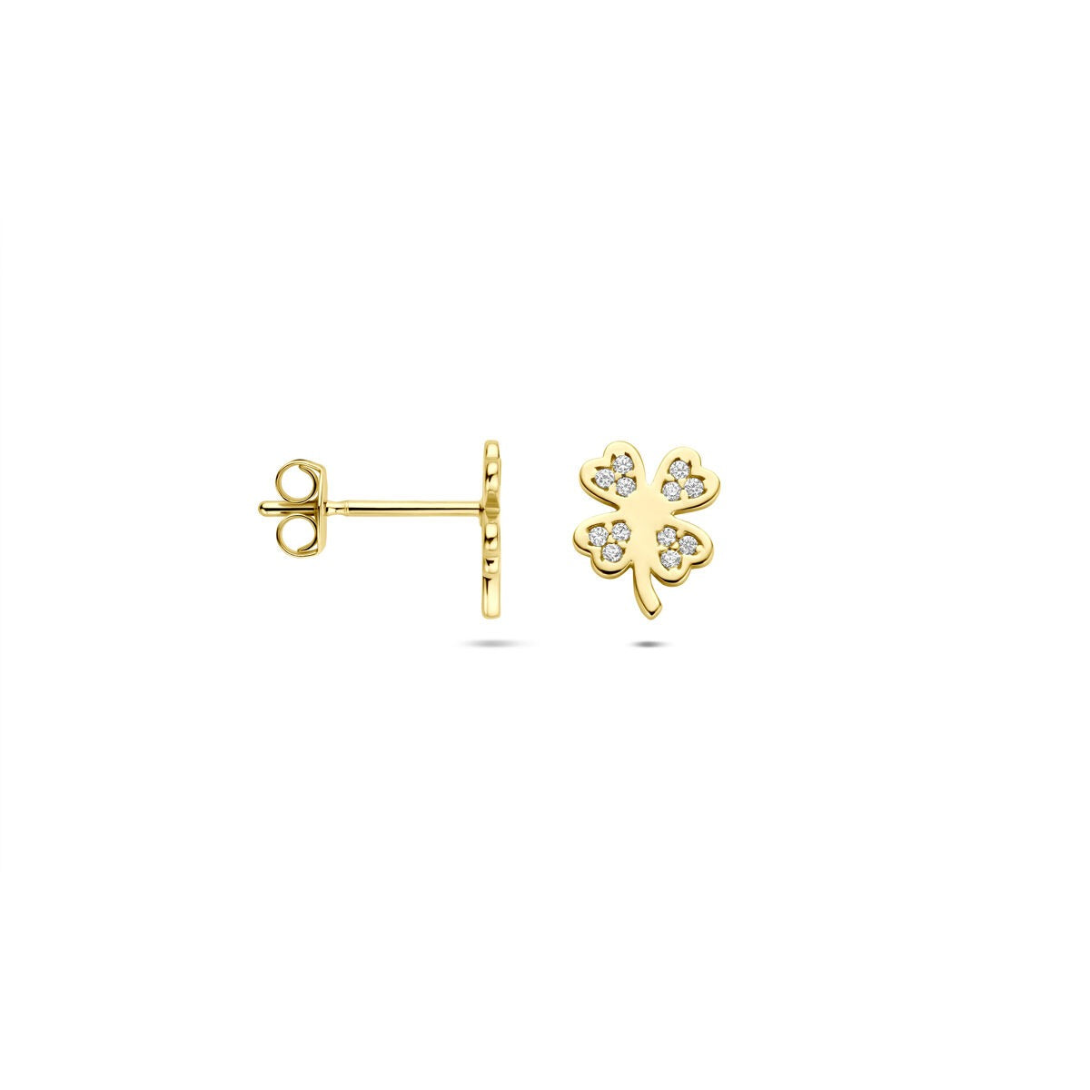 14k geelgouden klaver oorknoppen met zirkonia – 7.5 x 6 mm