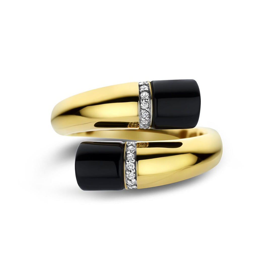 14k Geelgouden dames ring met onyx en diamant – 16 mm breed