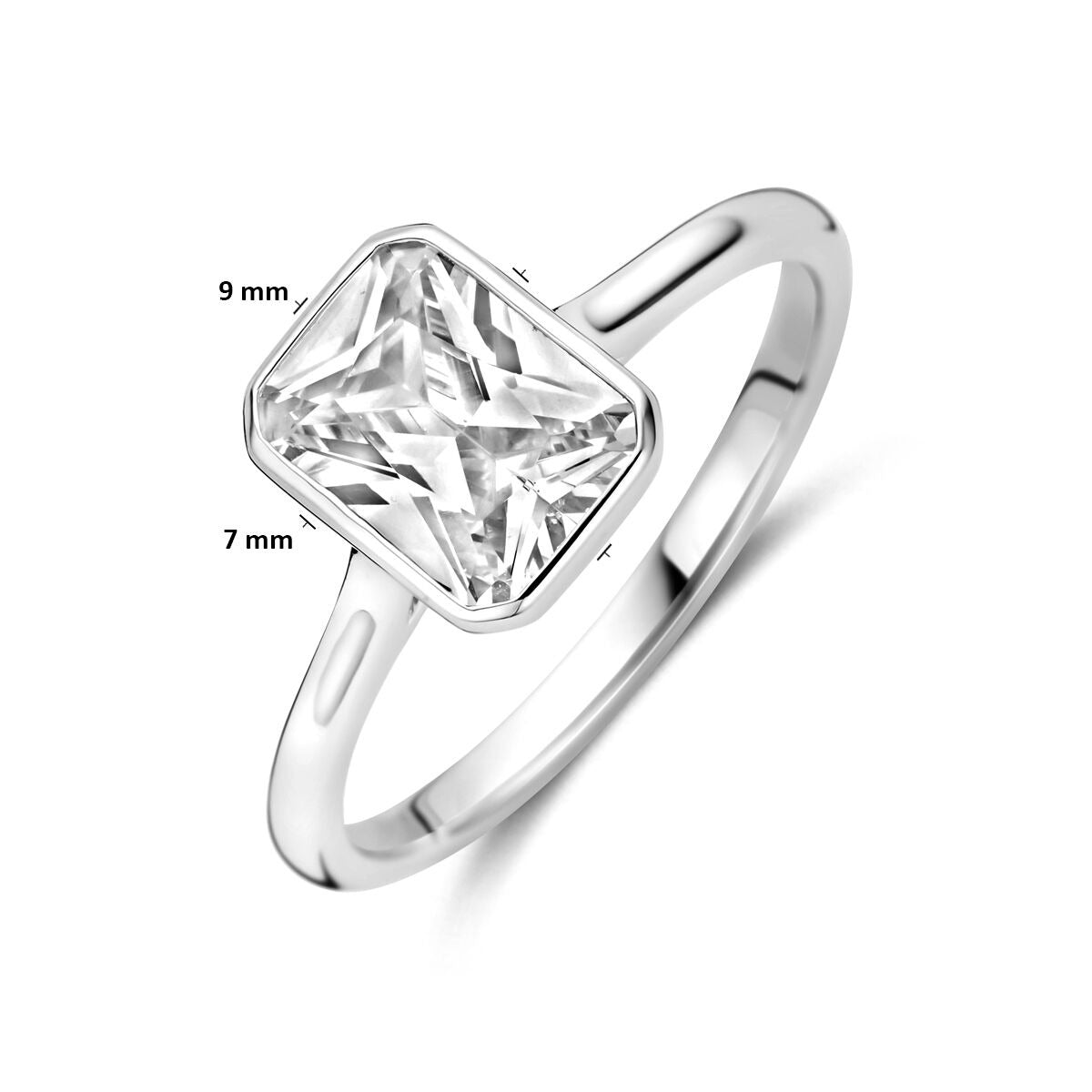 Zilveren damesring met emerald cut zirkonia – gerhodineerd 925 zilver