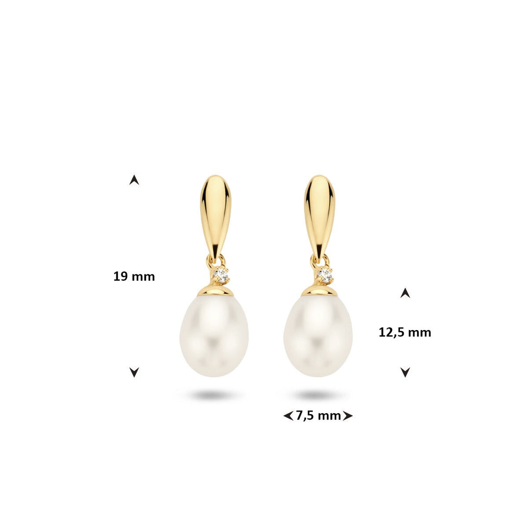 Gele Goudkleurige Oorhangers 9k met Zoetwaterparel en Zirkonia – Dames
