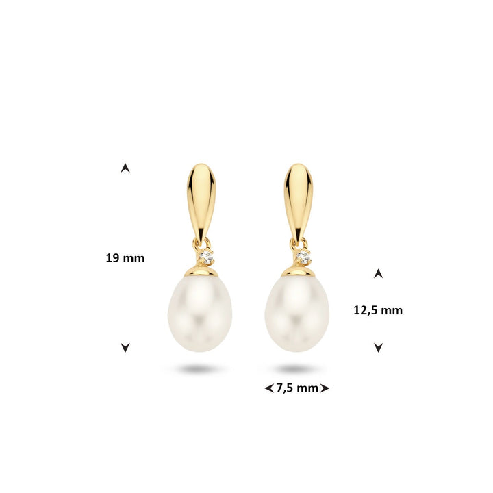 Gele Goudkleurige Oorhangers 9k met Zoetwaterparel en Zirkonia – Dames