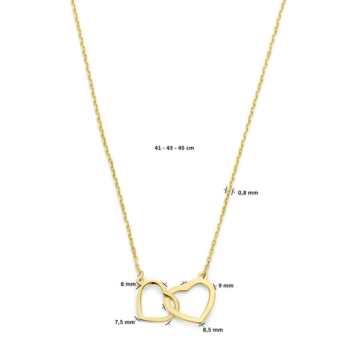 14k gouden dames ketting met twee hartjes – 45 cm