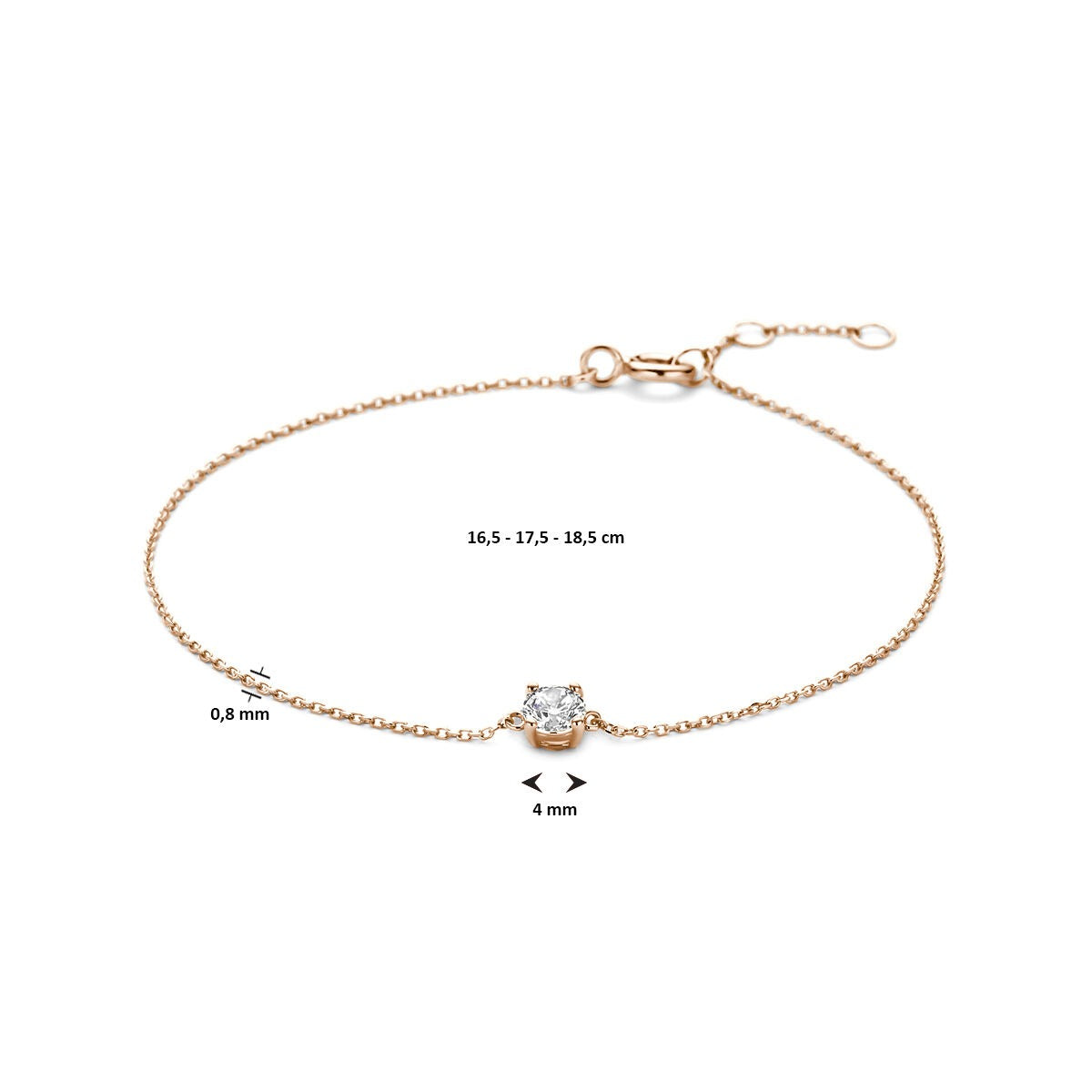 14k rosegouden dames armband met zirkonia – anker schakel 16.5–18.5 cm