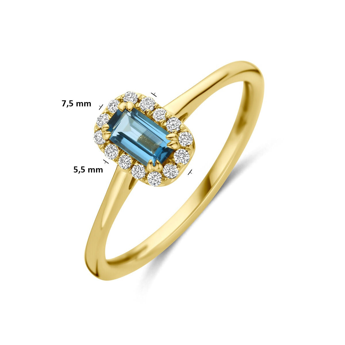 14k Geelgouden entourage ring met London blue topaas en lab grown diamant