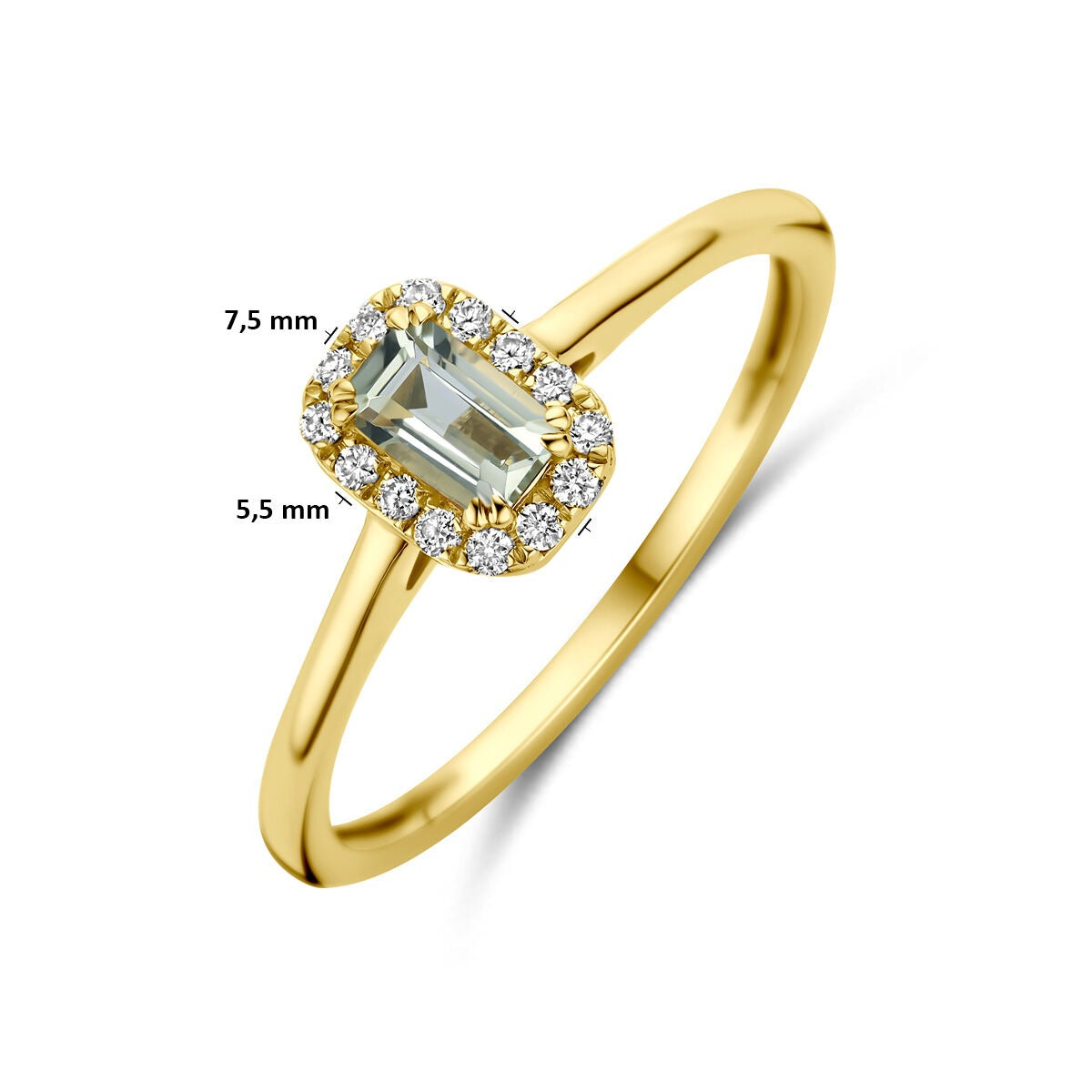 14k Geelgouden entourage ring met groene amethist en lab grown diamant
