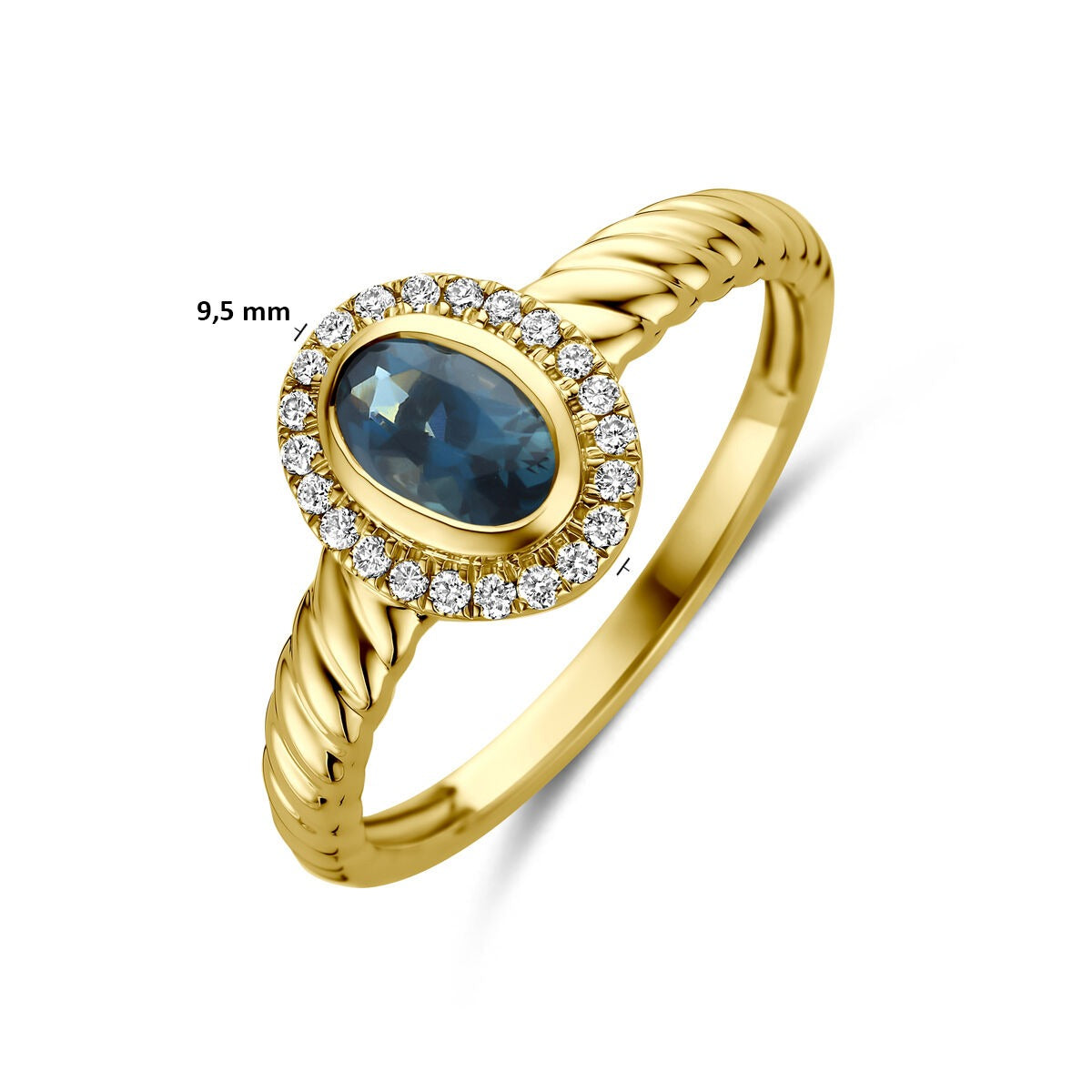 14k Geelgouden ring met London blue topaas en lab grown diamant