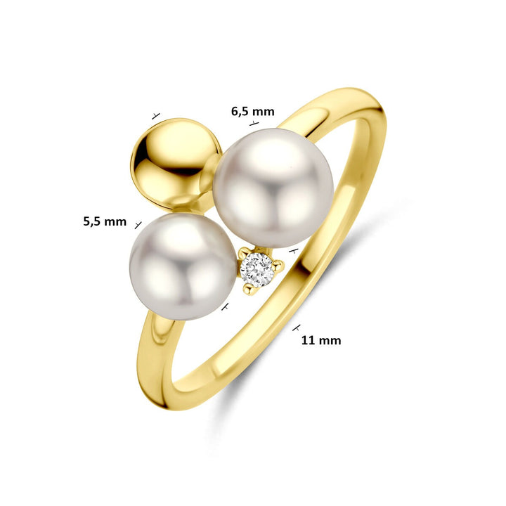 14k Geelgouden damesring met parel en diamant – 11 mm breed