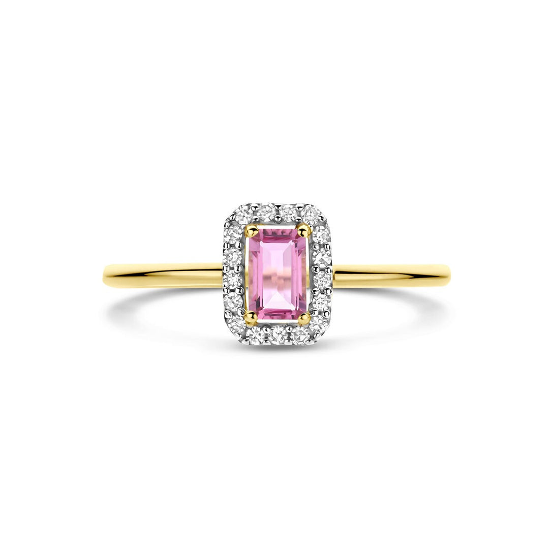 Gouden damesring met roze toermalijn en diamant – 14k geelgoud