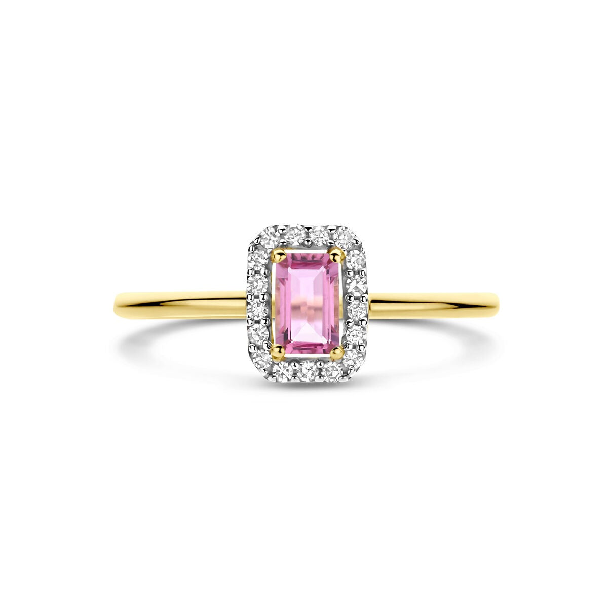 Gouden damesring met roze toermalijn en diamant – 14k geelgoud