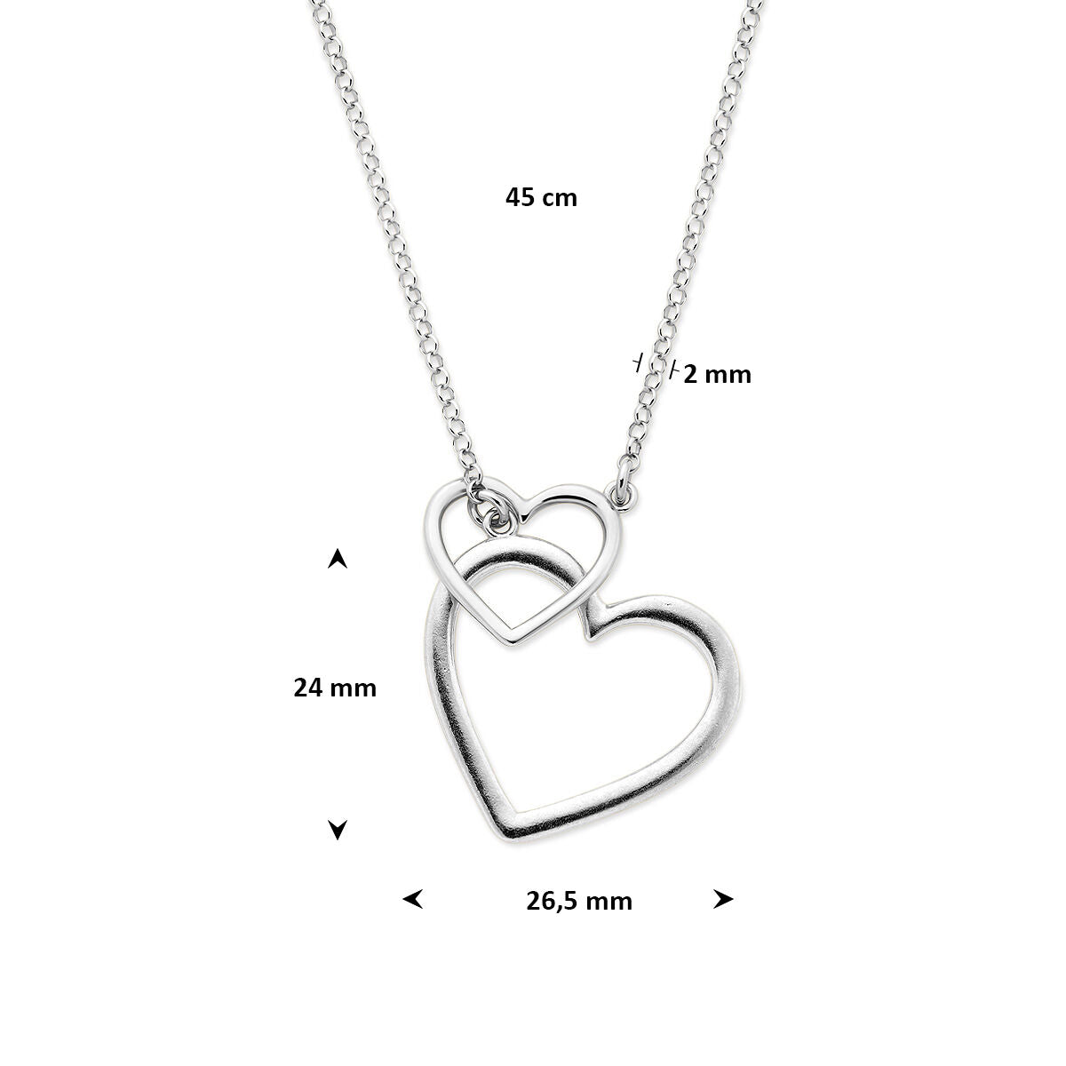 Gerhodineerd 925 zilveren collier met dubbele hartjes