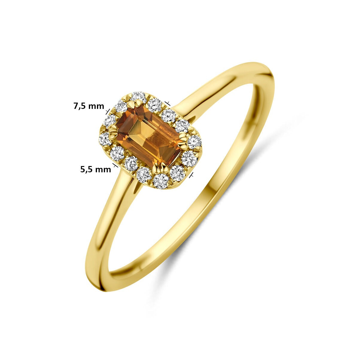 14k Geelgouden entourage ring met citrien en lab grown diamant