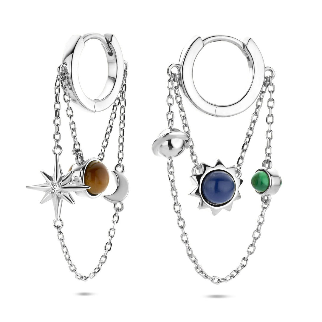 Zilveren klapoorringen met lapis, tijgeroog en malachiet – gerhodineerd