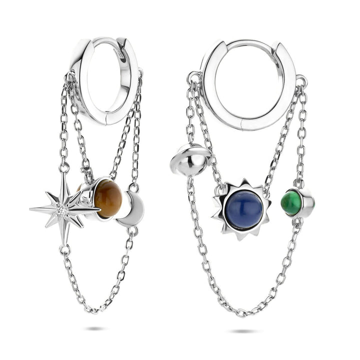 Zilveren klapoorringen met lapis, tijgeroog en malachiet – gerhodineerd