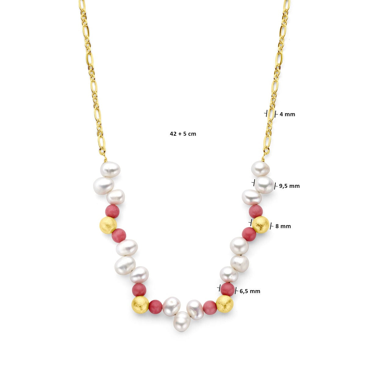 necklace balls, pearls and pink jade 42 + 5 cm 3 micron silver gold plated (yellow)