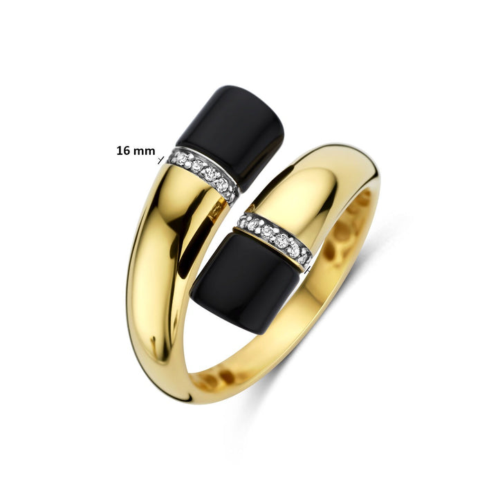 14k Geelgouden dames ring met onyx en diamant – 16 mm breed