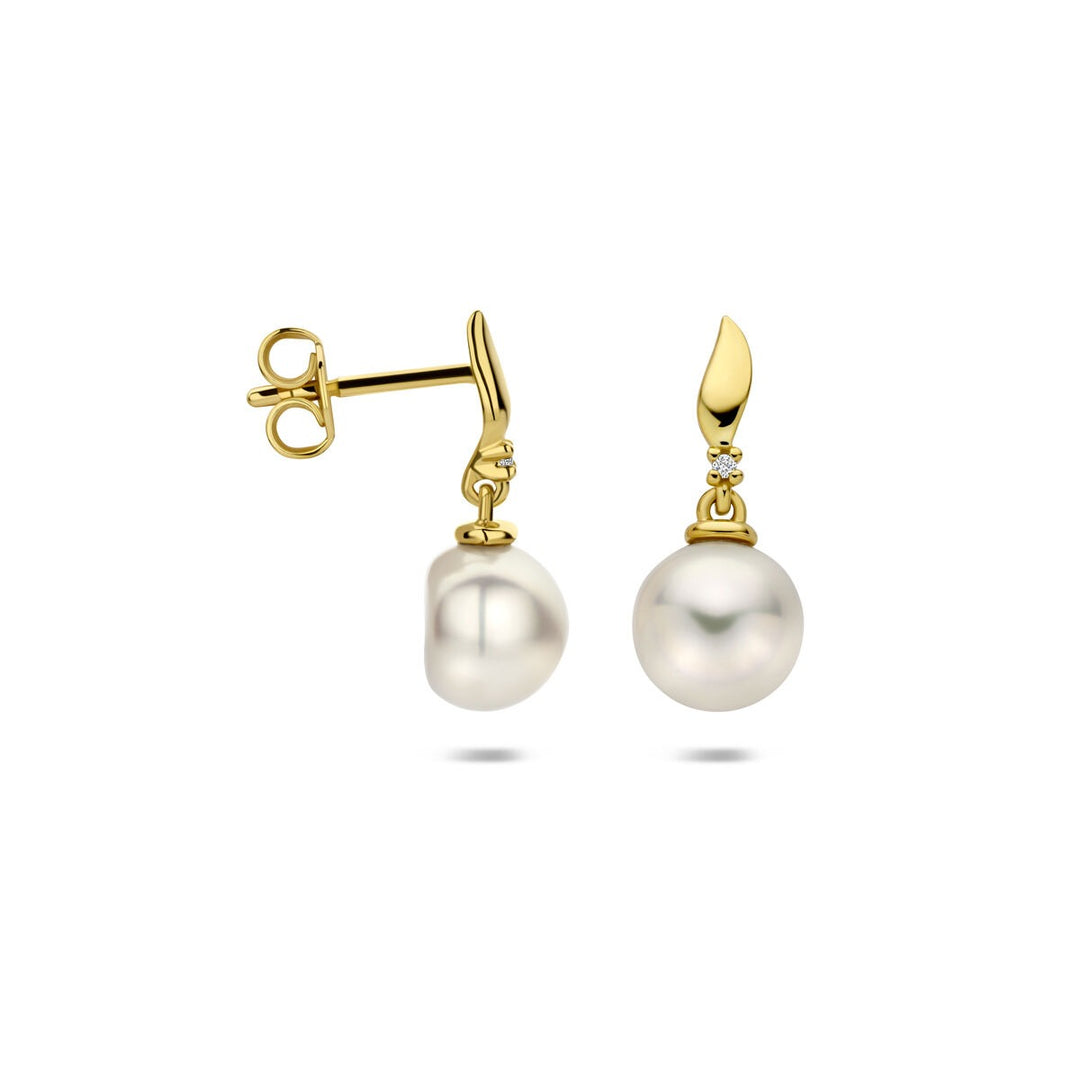 Gouden oorhangers met diamant en parel – 14k geelgoud