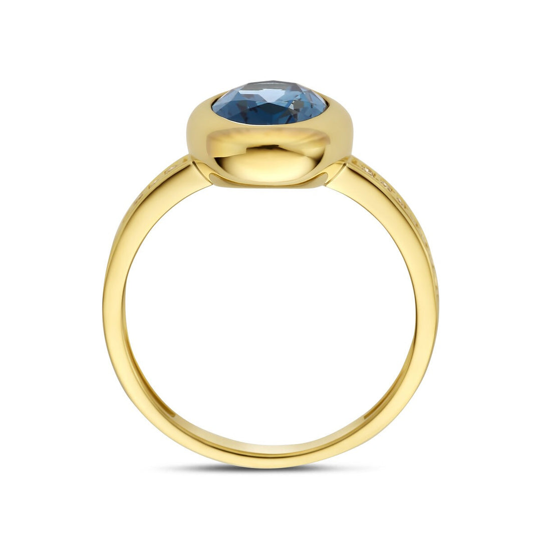 Gouden dames ring met London Blue topaas en diamant – 14k geelgoud