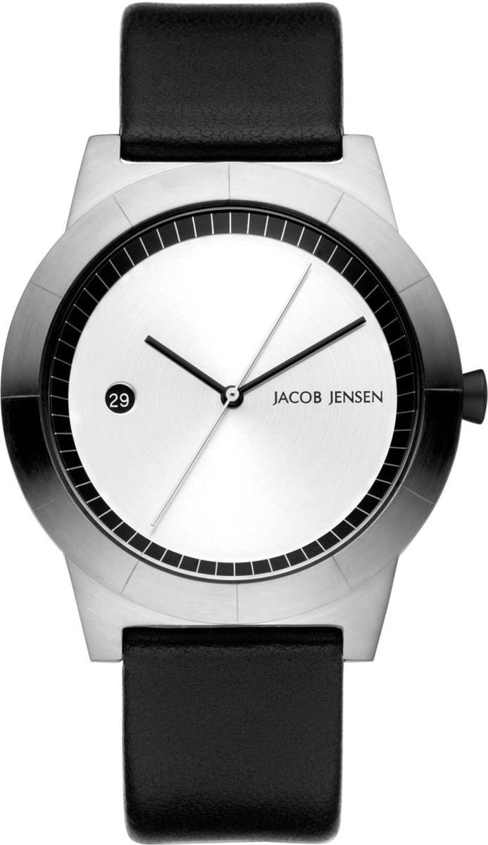 Zilveren horloge met zwarte leren band, witte wijzerplaat en minimalistisch ontwerp.
