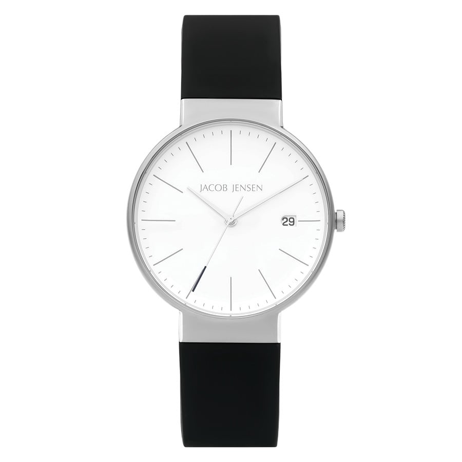 Zilveren horloge met witte wijzerplaat en zwarte rubberen band.