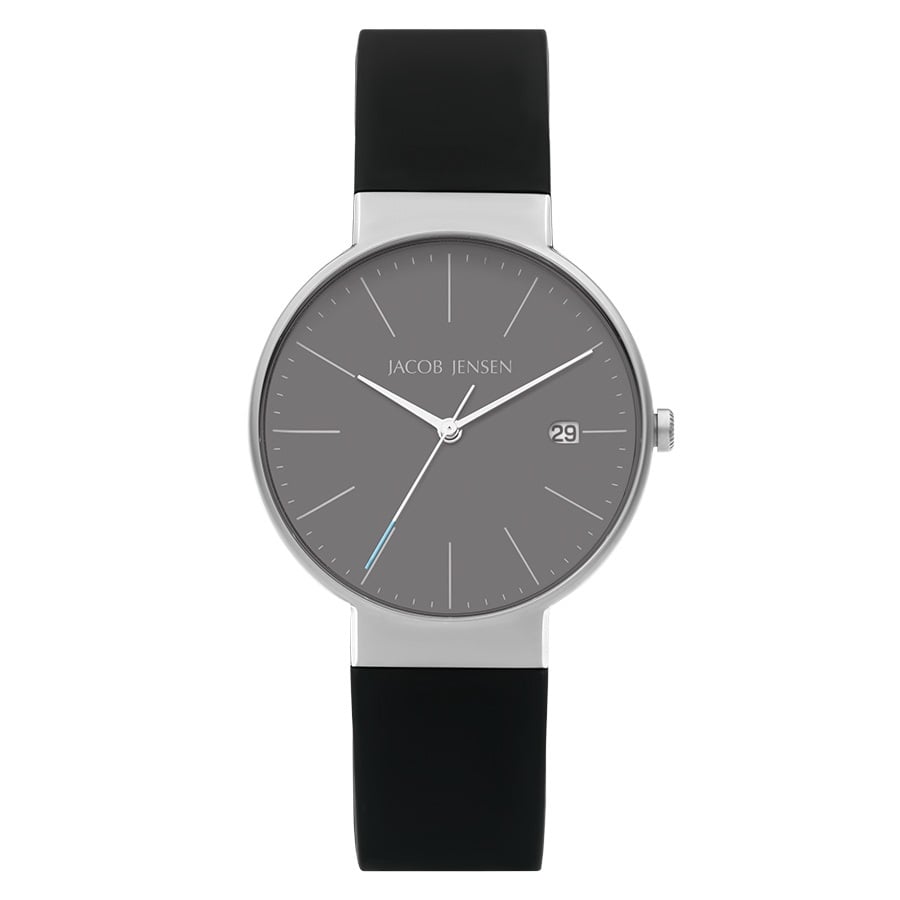 Zilveren horloge met grijze wijzerplaat en zwarte rubberen band, voorzien van een datumaanduiding.