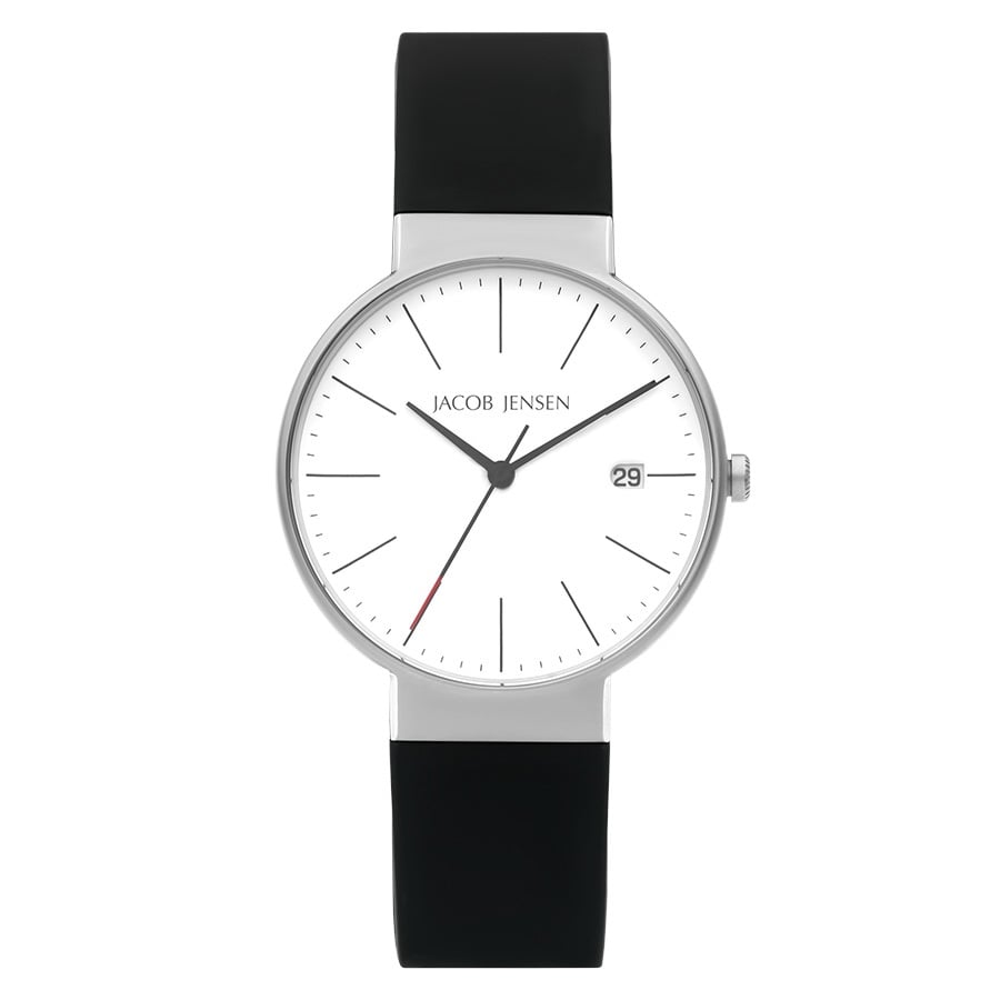 Zilveren horloge met witte wijzerplaat, zwarte band en datumaanduiding.