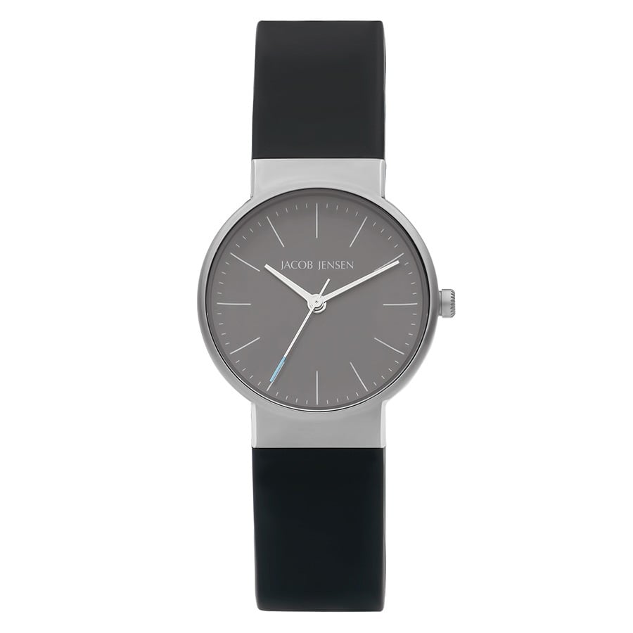 Grijs horloge met ronde wijzerplaat, zilveren kast en zwarte rubberen band.