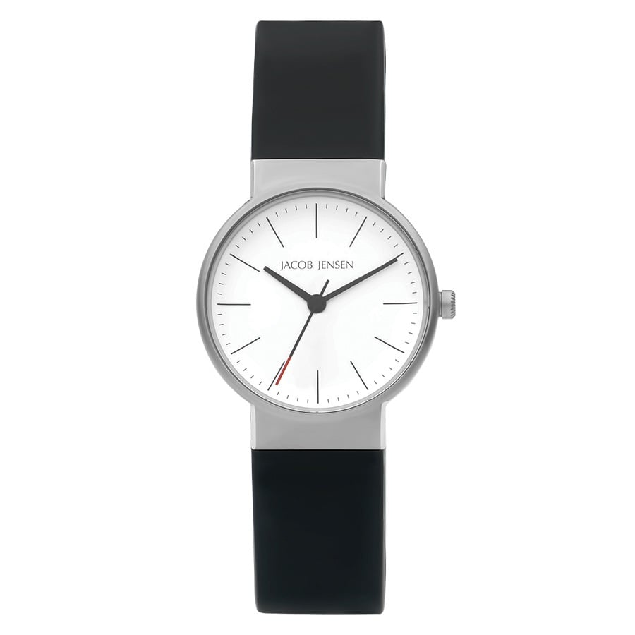 Zilveren horloge met witte wijzerplaat en zwarte rubberen band.