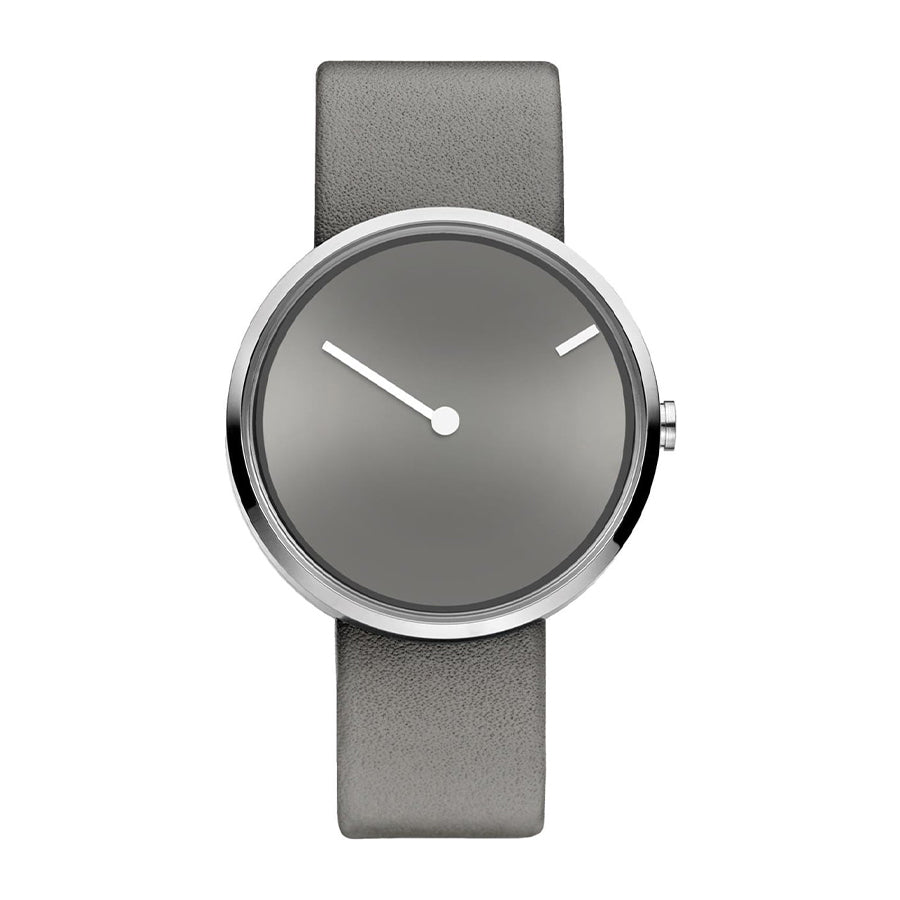 Grijs horloge met een ronde wijzerplaat en een leren band, voorzien van een minimalistisch ontwerp.