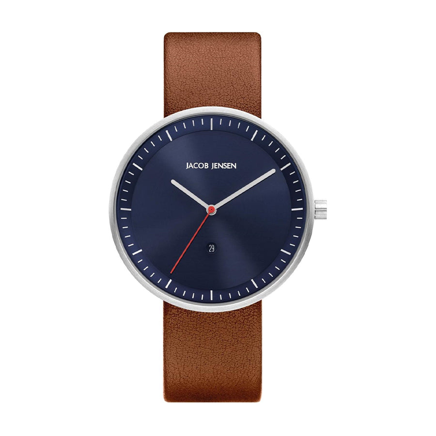 Zilveren horloge met blauwe wijzerplaat en bruine leren band.