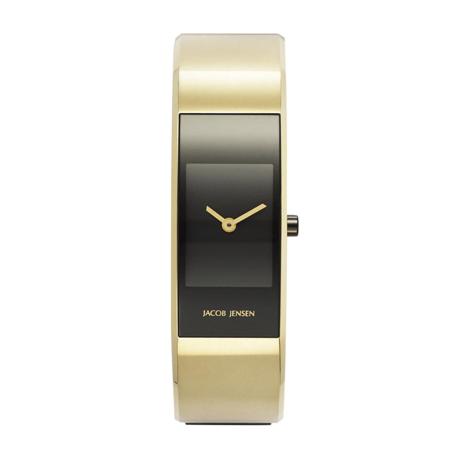 Gouden horloge met een zwarte wijzerplaat en een minimalistisch ontwerp.