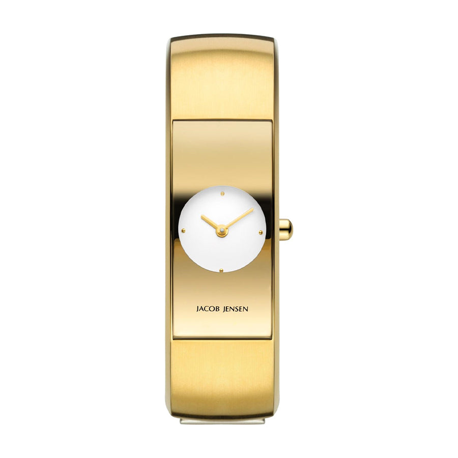 Gouden horloge met een minimalistische witte wijzerplaat en een strakke, gebogen vorm.