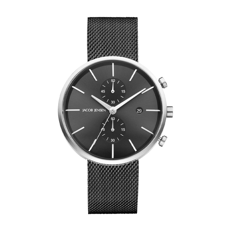 Zwart horloge met mesh-band, ronde wijzerplaat en chronograaffunctie.