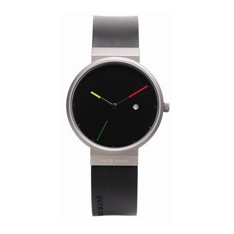 Zwart horloge met ronde wijzerplaat, metalen kast en zwarte rubberen band, met gekleurde wijzers in geel, groen en rood.