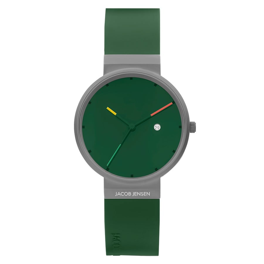 Groen horloge met een ronde wijzerplaat, grijze kast en een groene siliconen band, voorzien van gele en rode wijzers.