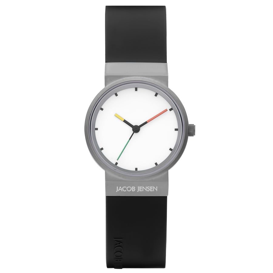Grijs horloge met witte wijzerplaat, zwarte rubberen band en gekleurde wijzers.
