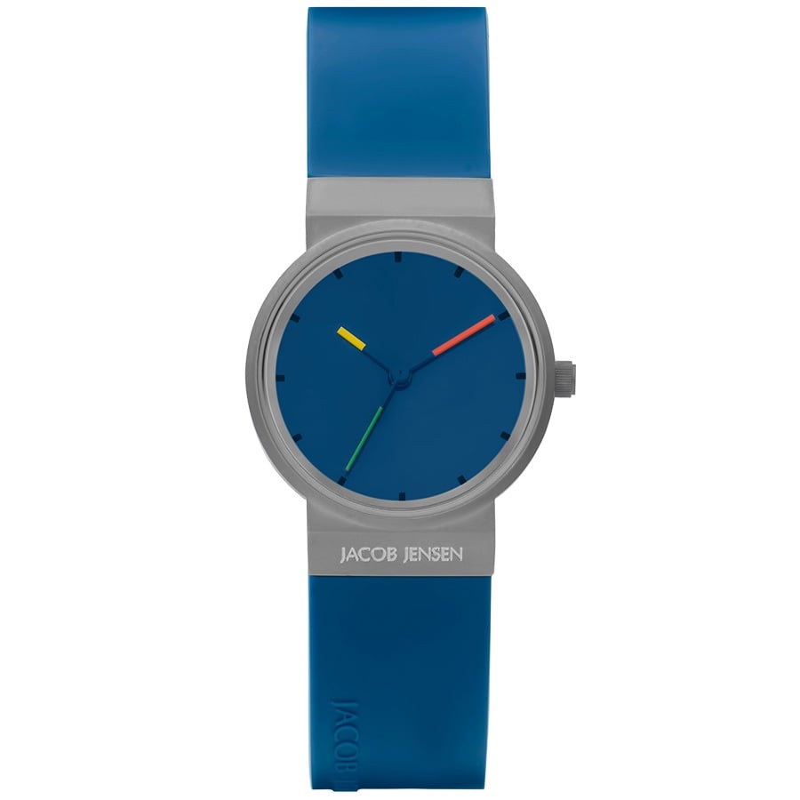 Blauw horloge met een ronde wijzerplaat, grijze kast en een blauwe rubberen band.