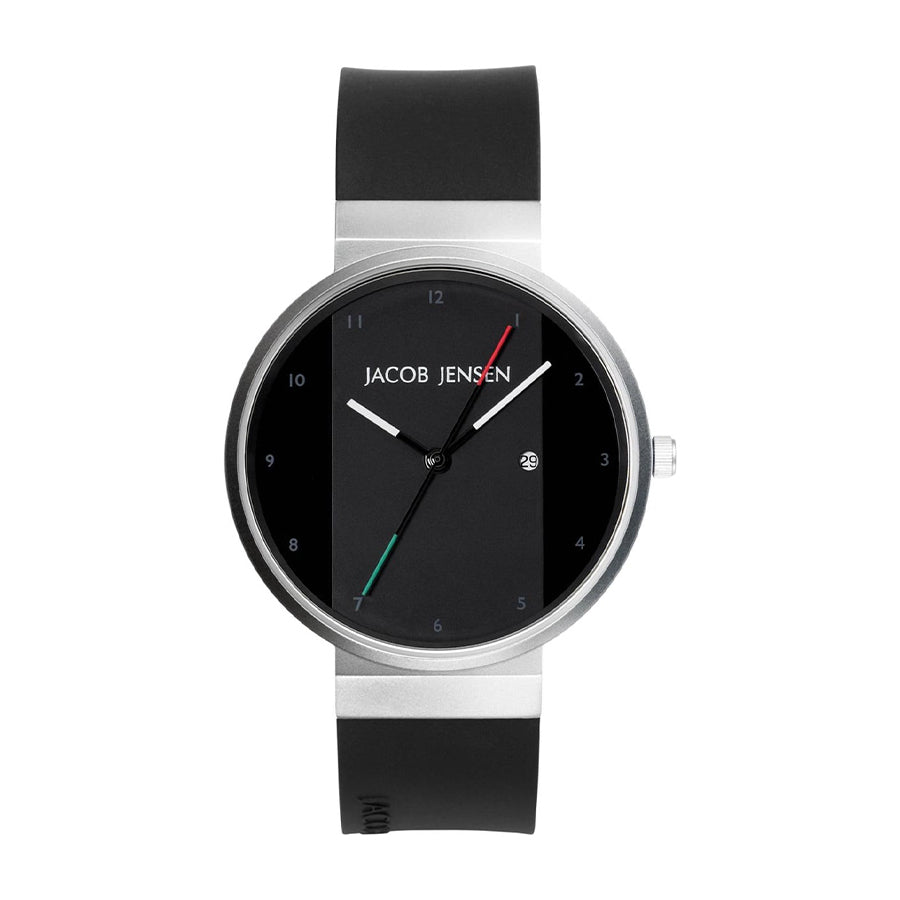 Zwart horloge met een ronde wijzerplaat, zilveren kast en rubberen band.