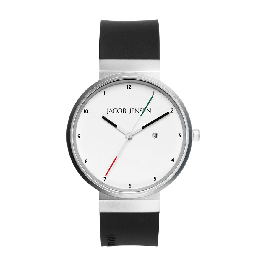 Zilveren horloge met witte wijzerplaat, zwarte rubberen band en opvallende rode en groene wijzers.