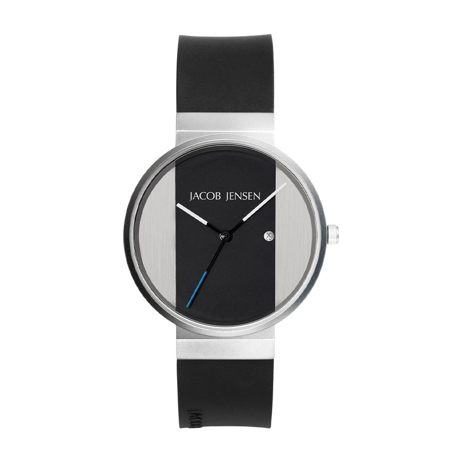 Zwart horloge met ronde wijzerplaat, roestvrijstalen kast en rubberen band.