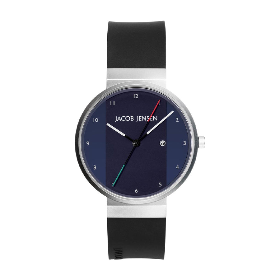 Zwart rubberen horloge met een ronde zilveren kast en een blauwe wijzerplaat.