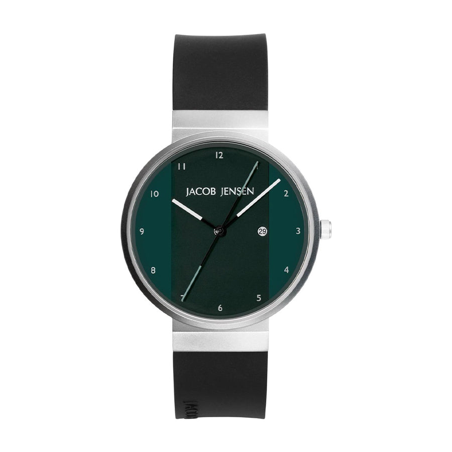 Zwart rubberen horloge met een groene wijzerplaat en zilveren kast, voorzien van minimalistische cijfers en wijzers.