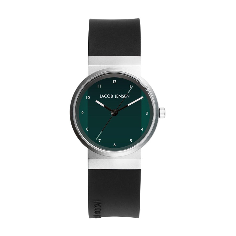 Zilveren horloge met groene wijzerplaat en zwarte rubberen band.