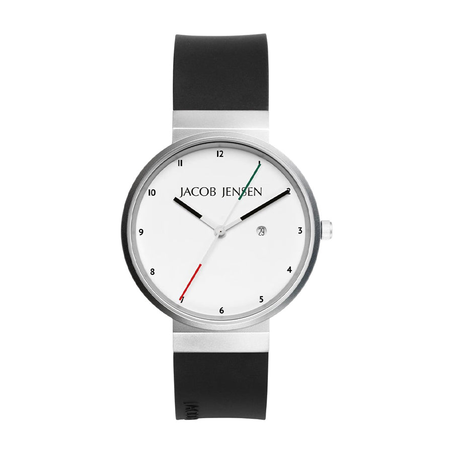 Zilveren horloge met witte wijzerplaat, zwarte rubberen band en opvallende groene en rode secondewijzer.