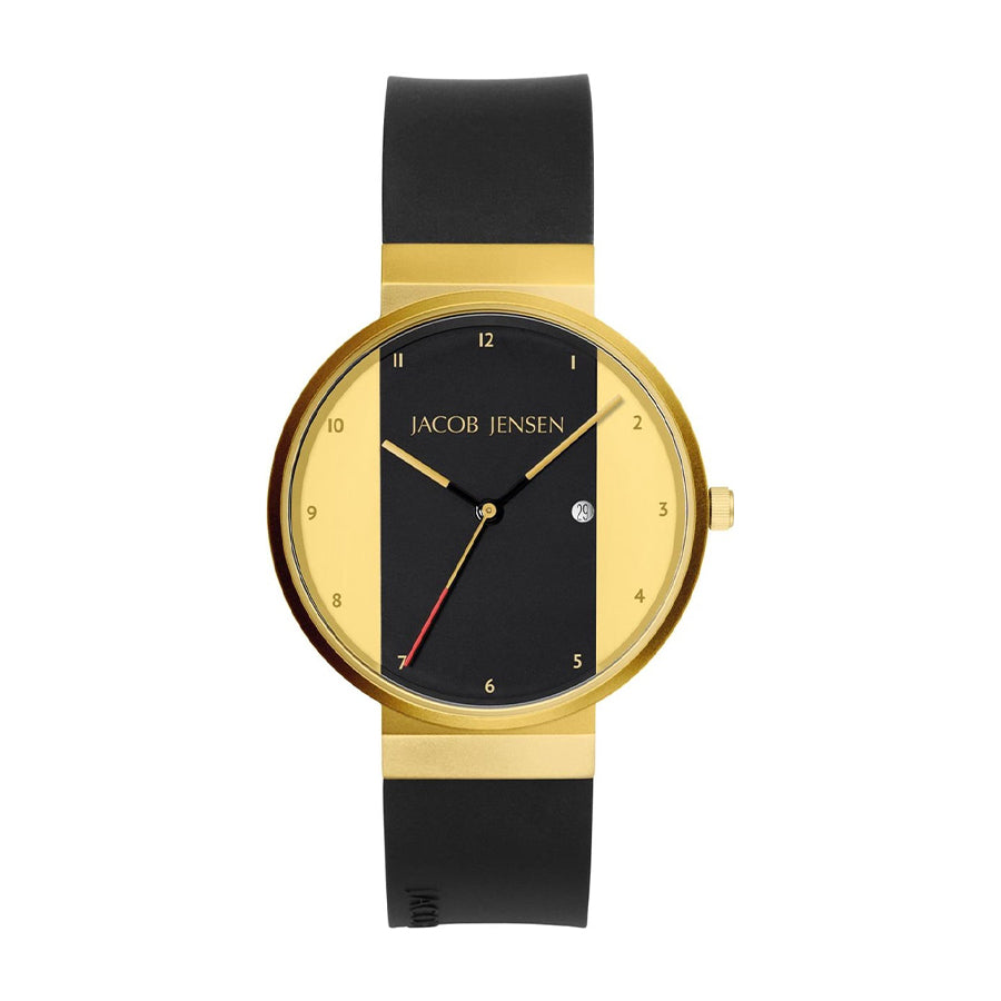 Gouden horloge met zwarte wijzerplaat en rubberen band, voorzien van een rode secondewijzer.