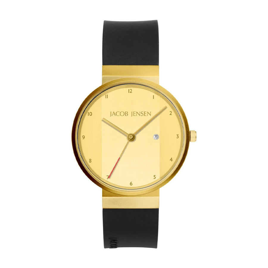 Gouden horloge met een zwarte rubberen band en een eenvoudige, goudkleurige wijzerplaat.