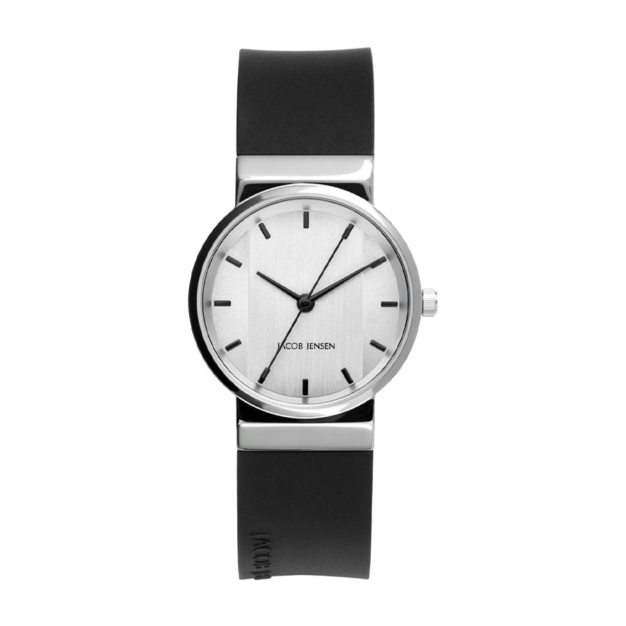 Zwart rubberen horloge met een zilveren kast en een witte wijzerplaat met zwarte indexen.