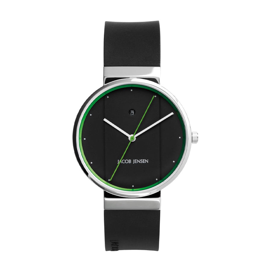 Zwart horloge met een ronde wijzerplaat, groene accenten en een zwarte rubberen band.