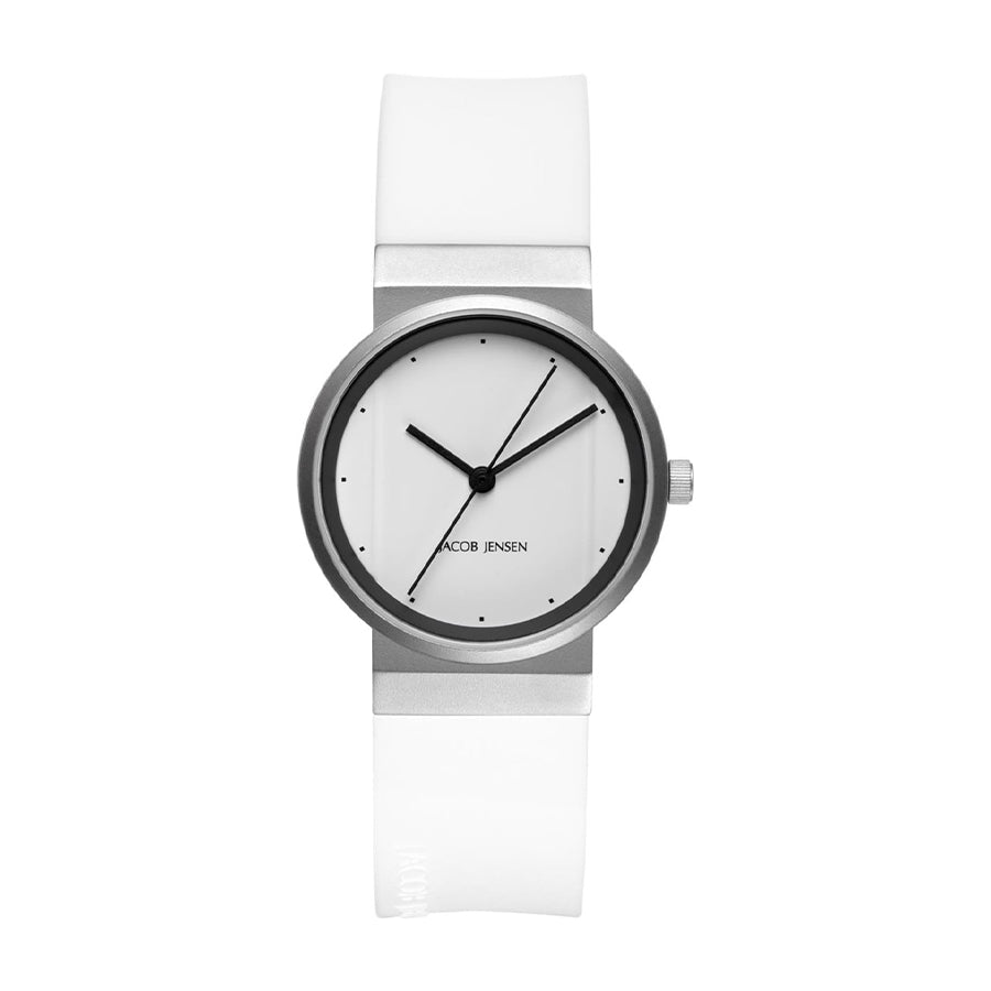 Wit horloge met ronde wijzerplaat, zilveren kast en transparante rubberen band.